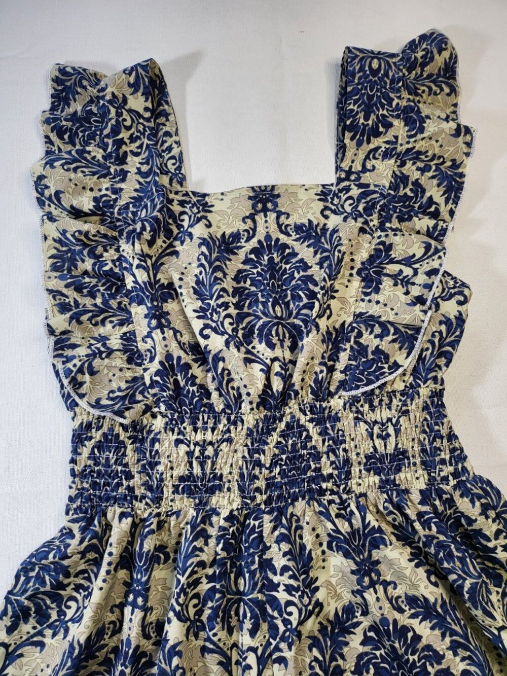 SHEIN Blue & White Damask Ruffle Strap Smocked Romper – Size M‎ (US 6) - Picture 5 of 8